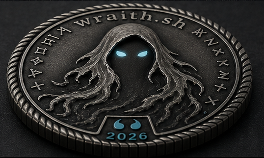 WCAP challenge coin — obverse, showing the wraith figure with glowing cyan eyes